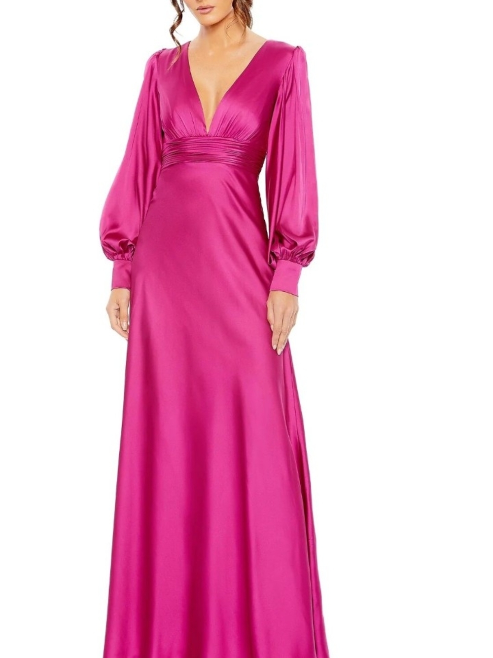 Mac Duggal Fuchsia Satin V-Neck Long Sleeve Gown